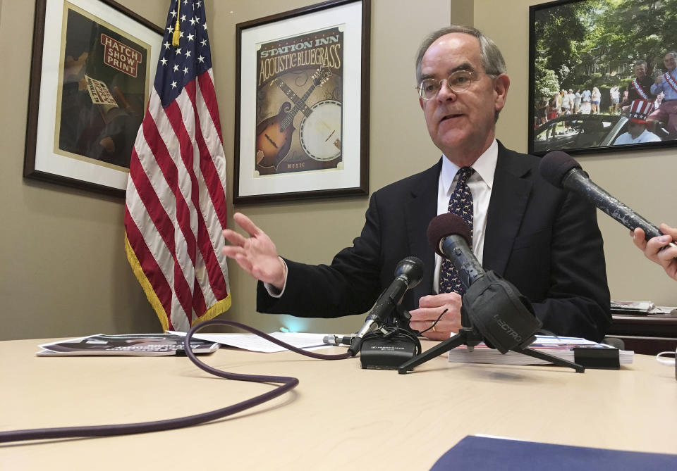 U.S. Rep. Jim Cooper, D-Nashville, talks to reporters at his Nashville office, Feb. 16, 2018. Tennessee Republicans plan to carve fast-growing Nashville into multiple congressional seats, making it potentially easier for the state's Republican-dominated congressional delegation to flip a previously Democratic-controlled district, House Speaker Cameron Sexton confirmed Monday, Jan. 10, 2022. (AP Photo/Jonathan Mattise)