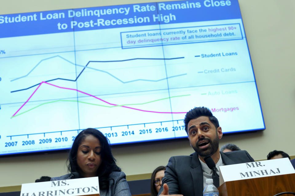 Center for Responsible Lending Senior Policy Counsel Ashley Harrington and comedian Hasan Minhaj testify during a House Financial Services Committee hearing on student debt and student loan servicers, on Capitol Hill in Washington, U.S. September 10, 2019.  REUTERS/Jonathan Ernst