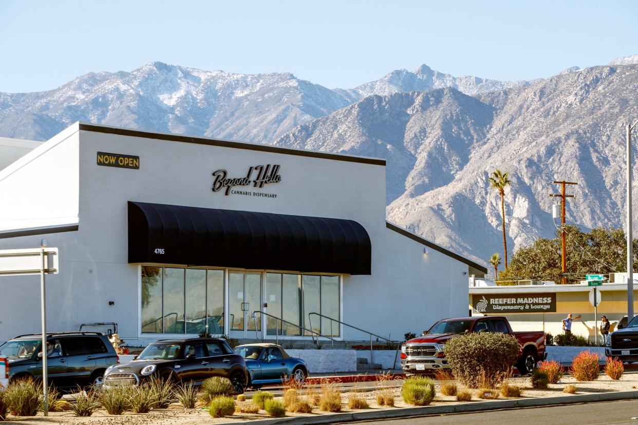 Two dispensaries, Reefer Madness and Beyond Hello, neighbor each other in south Palm Springs.
