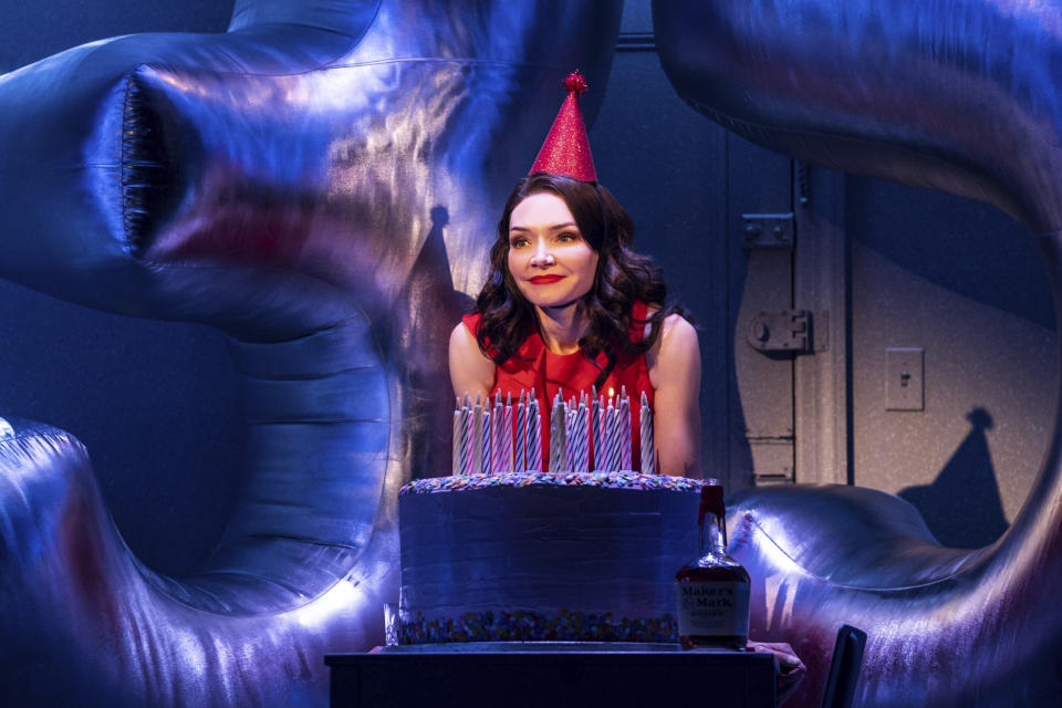 This image released b O & M Co./DKC shows Katrina Lenk during a performance of the Broadway musical “Company.” The actor is in the enviable position of starring in the popular Netflix show "Ozark" and the hit Broadway musical “Company” simultaneously. (Matthew Murphy/O & M Co./DKC via AP)