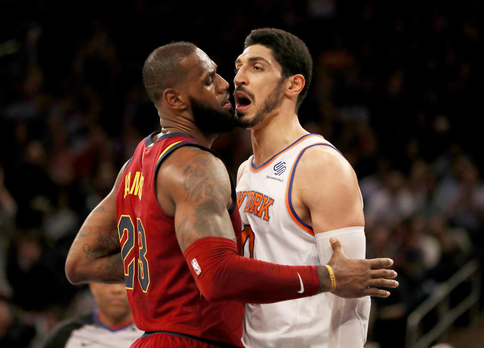 Enes Kanter gets in LeBron James’ face after the four-time MVP started with rookie Frank Ntilikina. (Getty)