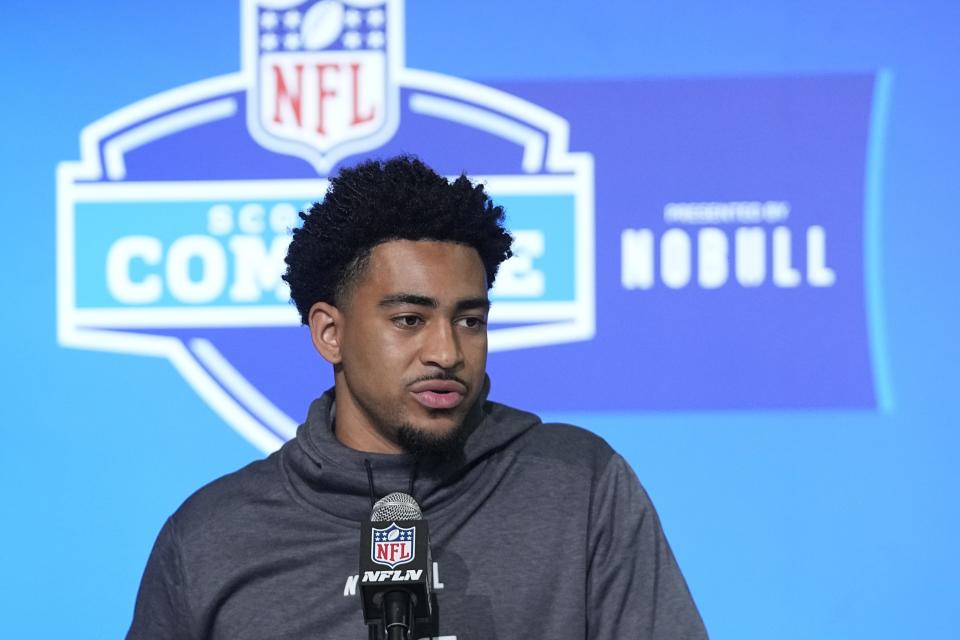 Alabama quarterback Bryce Young speaks during a news conference at the NFL football scouting combine in Indianapolis, Friday, March 3, 2023. (AP Photo/Darron Cummings)