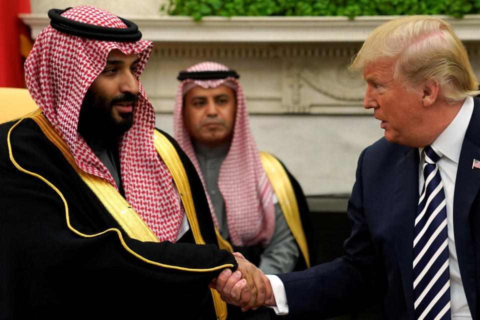 U.S. President Donald Trump shakes hands with Saudi Arabia's Crown Prince Mohammed bin Salman in the Oval Office on March 20, 2018. (Photo: Jonathan Ernst / Reuters)