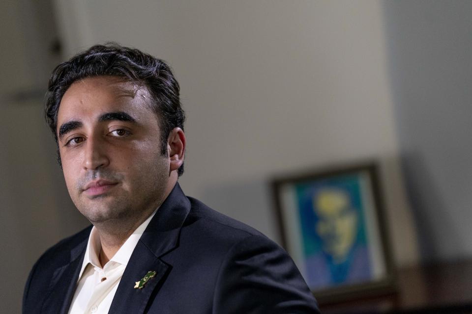 Pakistani Foreign Minister Bilawal Bhutto Zardari sits for an interview with the Associated Press at the Pakistan Embassy, in Washington, Tuesday, Sept. 27, 2022. (AP Photo/Andrew Harnik)