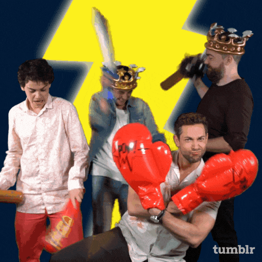 The boys of <i>Shazam!</i> show us the entire spectrum of fun you can have with inflatable weaponry. You can fight with them, flutter them like butterflies, or… get scared and drop them. (GIF: tumblr)