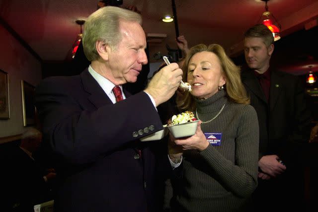 <p>Michael Springer/Getty </p> Joe and Hadassah Lieberman share a banana split in New Hampshire during the senator's 2004 presidential campaign