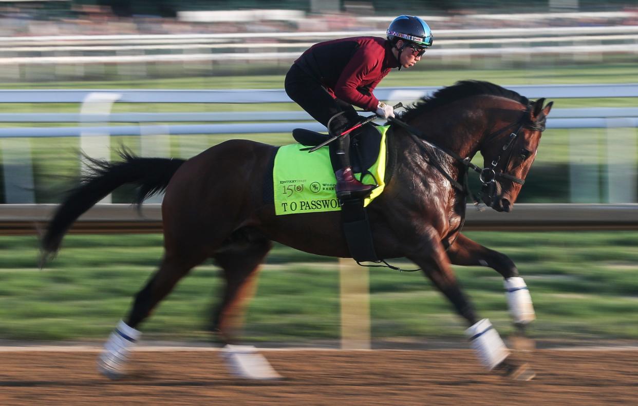 Kentucky Derby horse T O Password on the track Monday, April 29, 2024 at Churchill Downs in Louisville, Ky.