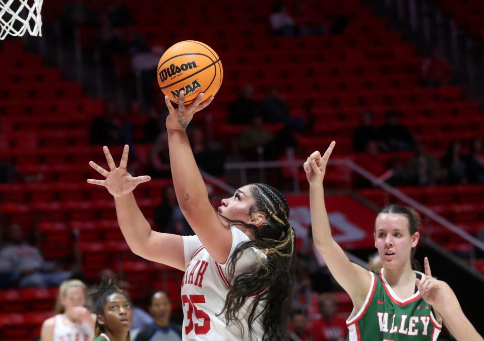 Utah Utes forward Alissa Pili shoots in front of Mississippi Valley State center Lucia Lara at the Huntsman Center in Salt Lake City on Monday, Nov. 6, 2023. Utah won 104-45. | Kristin Murphy, Deseret News