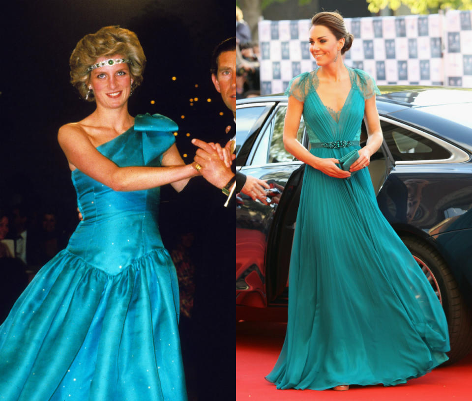 <p>Both ladies have chosen to wear elegant green gowns to events. Kate wore a Jenny Packham gown to the Royal Albert hall in 2012. Diana donned a Emanuel dress in a similar shade whilst visiting Melbourne in 1983. [Photo: PA/ Getty] </p>