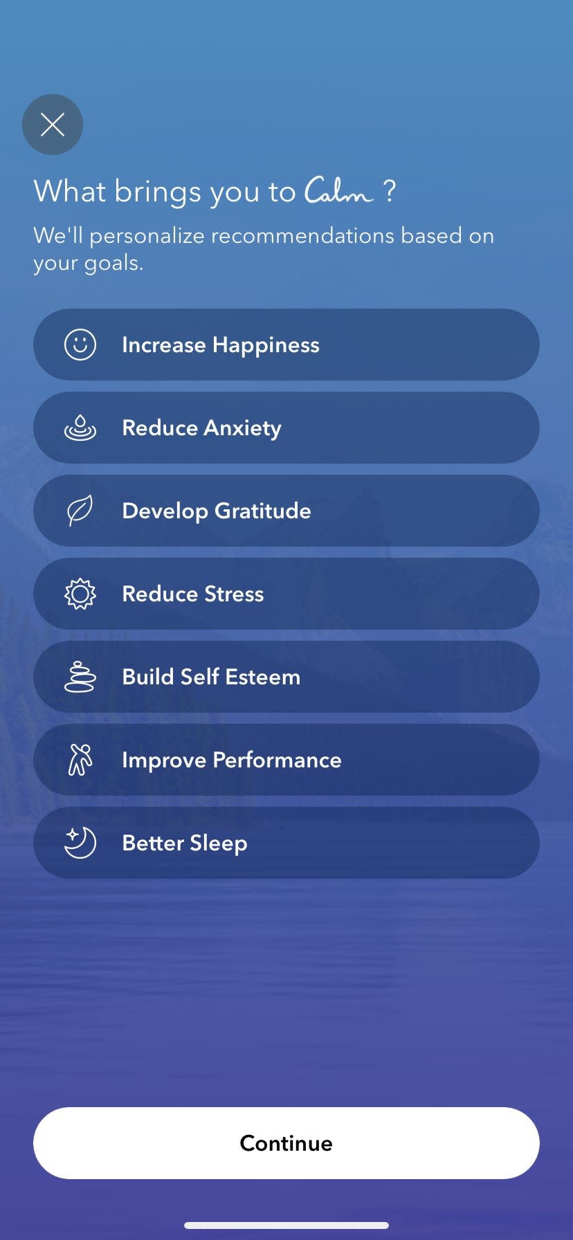 a blue screen and the question "What brings you to Calm?" in a screenshot of the meditation app Calm