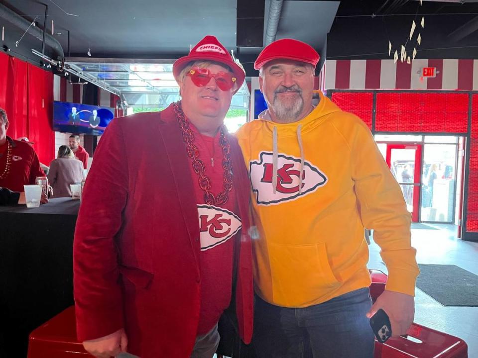 Brett Corvell, left and Sean Clark were at Sunday’s Super Bowl watch party at Kansas City’s Power & Light District.