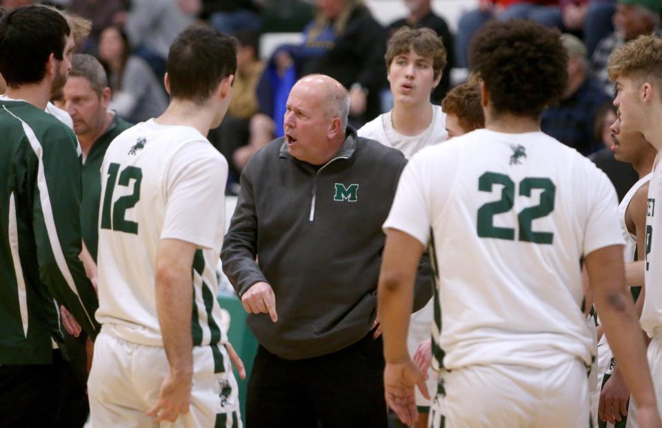 Malvern boys basketball head coach Dennis Tucci, talking to his team during a game last season against East Canton, has guided the Hornets to a 26-0 record heading into regionals.