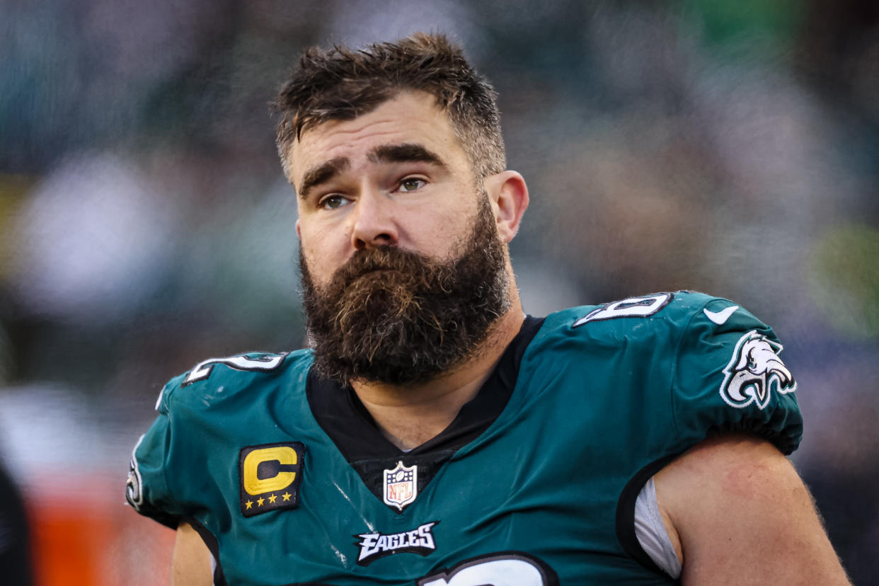 PHILADELPHIA, PA - DECEMBER 04: Jason Kelce #62 of the Philadelphia Eagles looks on during the second half of the game against the Tennessee Titans at Lincoln Financial Field on December 4, 2022 in Philadelphia, Pennsylvania. (Photo by Scott Taetsch/Getty Images)