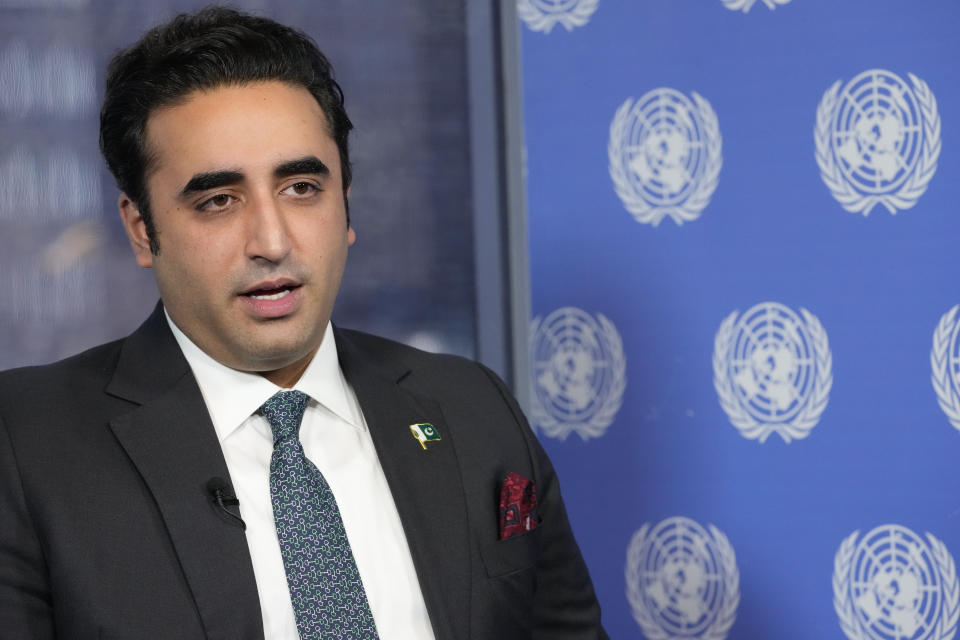 Pakistani Foreign Minister Bilawal Bhutto Zardari speaks during an interview with The Associated Press, Thursday, March 9, 2023 at United Nations headquarters. (AP Photo/Mary Altaffer)