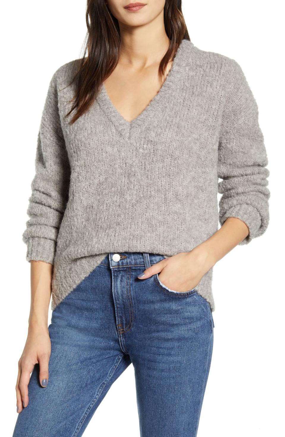 Amelia Deep V-Neck Alpaca Blend Sweater in grey.