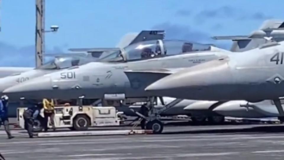 A screen capture from the video that Capt. Chris “Chowdah” Hill posted on social media showing the drone kill mark painted on the side of EA-18G modex number 501. Capt. Chris “Chowdah” Hill/USN