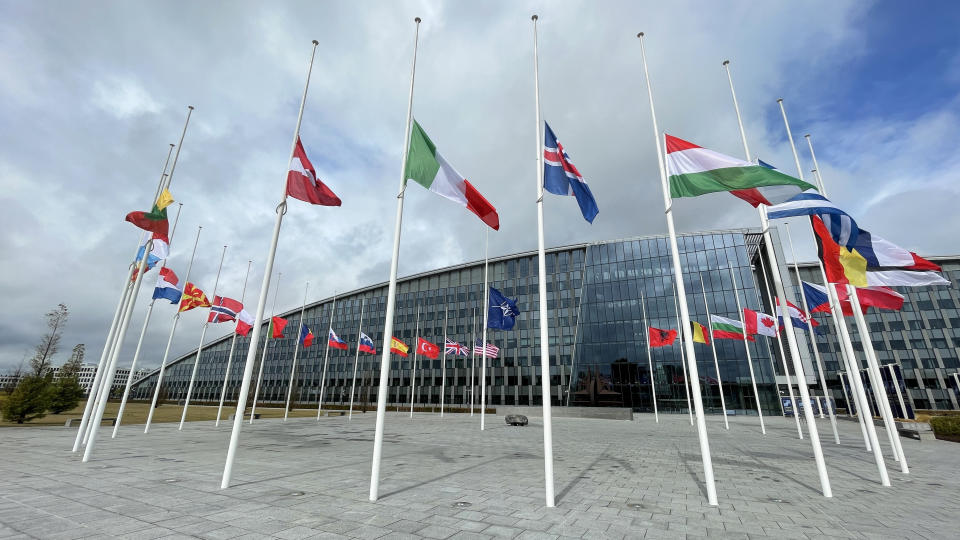 <p>BRUSSELS, BELGIUM - SEPTEMBER 09: Flags are flown at half-mast as a tribute to Queen Elizabeth II at NATO headquarters in Brussels, Belgium on September 9, 2022. Queen Elizabeth II has died peacefully at Balmoral Palace in Scotland after more than seven decades on the throne. (Photo by Dursun Aydemir/Anadolu Agency via Getty Images)</p> 
