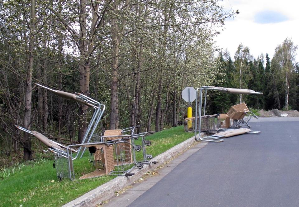 Grocery carts were blown to the side of the Carrs/Safeway parking lot in east Anchorage, Alaska, on Wednesday, Sept. 5, 2012. A massive windstorm uprooted trees, knocked out power and closed schools in Anchorage. (AP Photo/Mark Thiessen)