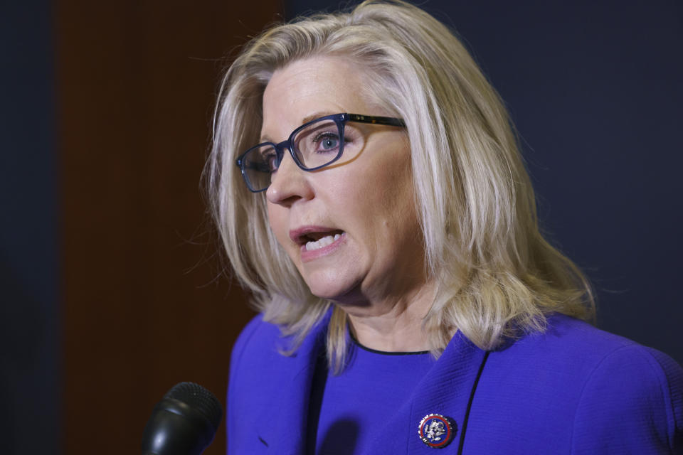 FILE - In this May 12, 2021, file photo Rep. Liz Cheney, R-Wyo., speaks to reporters in Washington. Speaker of the House Nancy Pelosi and Cheney have the most unlikely of partnerships. The two longtime political adversaries have joined forces to investigate the Jan. 6 insurrection at the U.S. Capitol. Pelosi tapped Cheney to join the committee that will hold its first hearing next week. (AP Photo/J. Scott Applewhite, File)