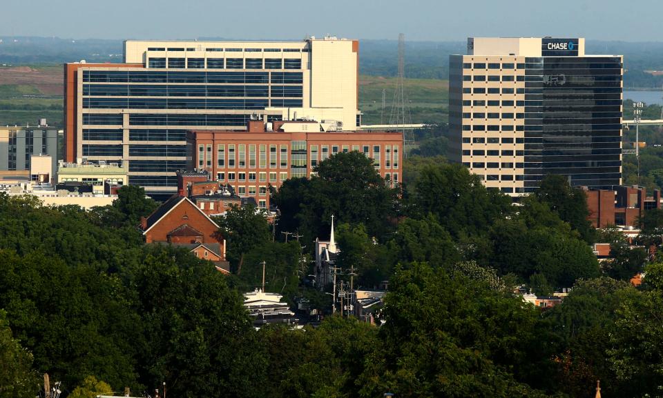 The Leonard L. Williams Justice Center, left, shares the Wilmington skyline with One Christina Centre in 2023.