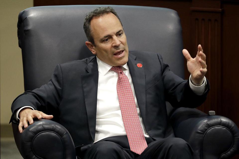 Kentucky Gov. Matt Bevin takes part in a discussion on state-level criminal justice reform Wednesday, April 17, 2019, in Nashville, Tenn. (AP Photo/Mark Humphrey)