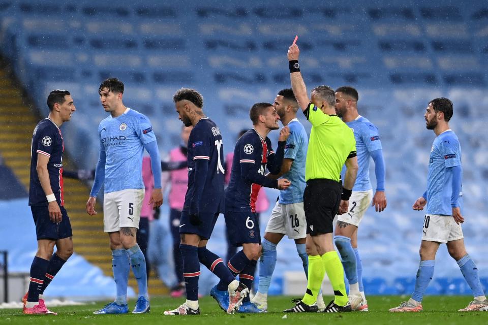 <p>Angel Di Maria saw red for kicking Fernandinho</p> (Getty Images)