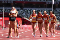 <p>Yongli Wei, Guifen Huang, Manqi Ge and Xiaojing Liang of Team China celebrate after coming in third in round one of the Women's 4 x 100m Relay Heat 2 on day thirteen of the Tokyo 2020 Olympic Games at Olympic Stadium on August 05, 2021 in Tokyo, Japan. (Photo by Christian Petersen/Getty Images)</p> 