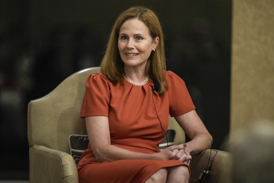 Supreme Court Associate Justice Amy Coney Barrett speaks during the Seventh Circuit Judicial Conference Monday, Aug. 28, 2023, in Lake Geneva, Wis. (AP Photo/Morry Gash)