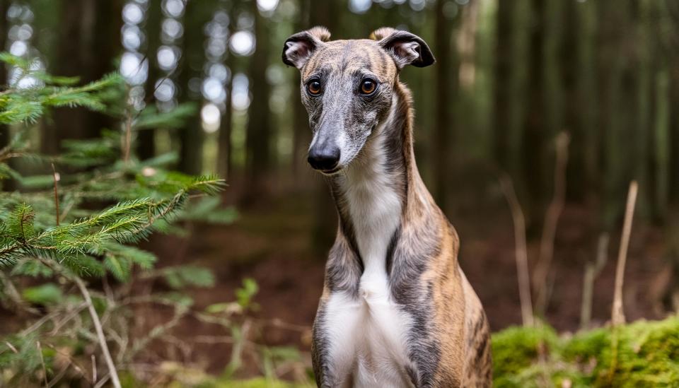 Firefly a portrait photograph of a greyhound in a woodland; looking at the camera 60581