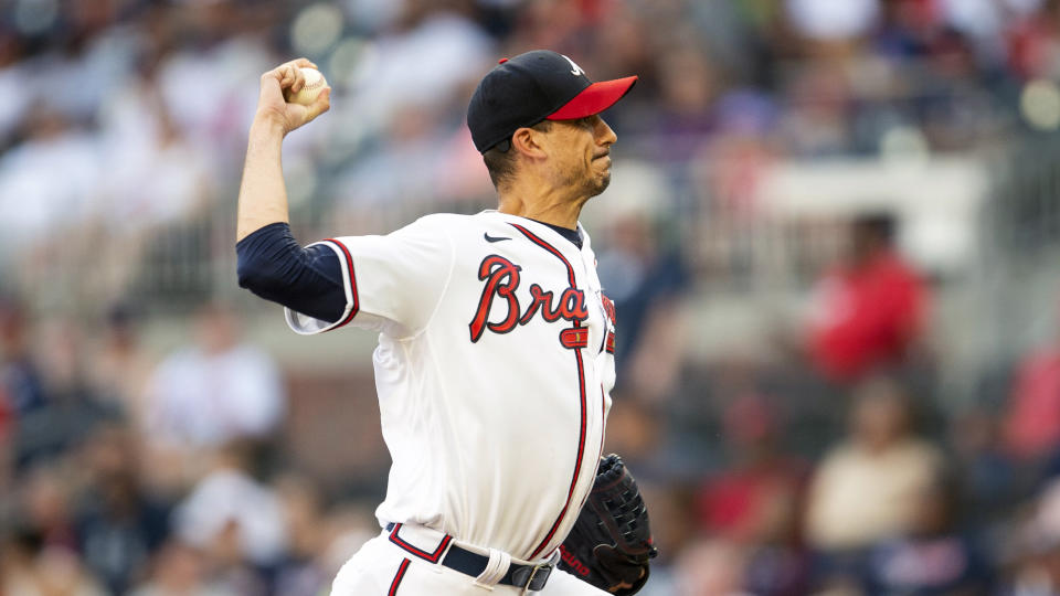 Atlanta Braves starting pitcher Charlie Morton throws in the first inning of a baseball game against the San Francisco Giants Wednesday, June 22, 2022, in Atlanta. (AP Photo/Hakim Wright Sr.)