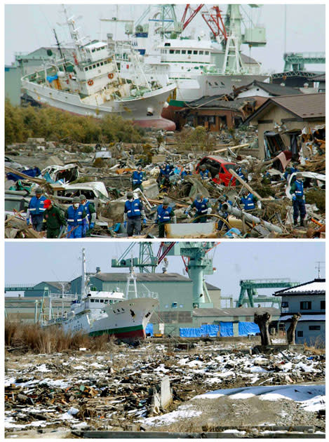 A tsunami-devastated area in Higashimatsushima in Miyagi prefecture is seen in these images taken March 14, 2011 (top) and March 4, 2012, in this combination photo released by Kyodo on March 7, 2012, ahead of the one-year anniversary of the March 11 earthquake and tsunami. Mandatory Credit REUTERS/Kyodo