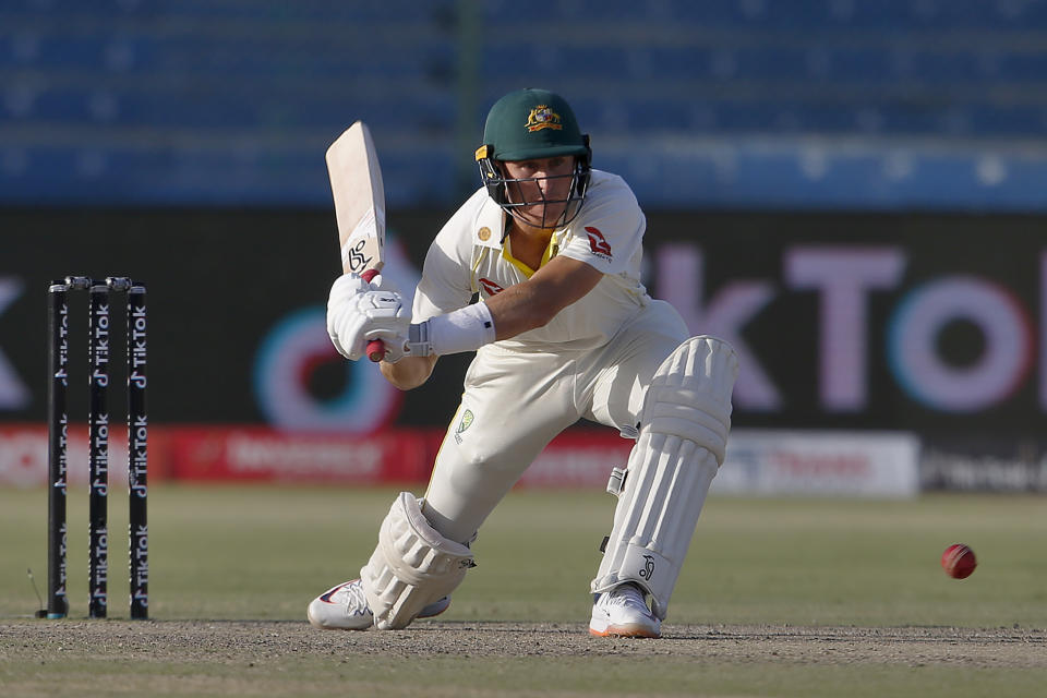 Australia's Marnus Labuschagne bats on the third day of the second test match between Pakistan and Australia at the National Stadium in Karachi, Pakistan, Monday, March 14, 2022. (AP Photo/Anjum Naveed)