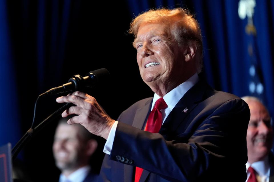 Republican presidential candidate former President Donald Trump speaks at a primary election night party at the South Carolina State Fairgrounds in Columbia, S.C., Saturday, Feb. 24, 2024. (AP Photo/Andrew Harnik)