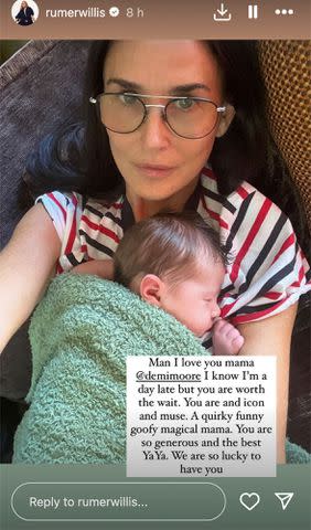 <p>Axelle/Bauer-Griffin/FilmMagic; Rumer Willis/Instagram</p> Demi Moore cuddles her granddaughter Louetta in sweet photo.