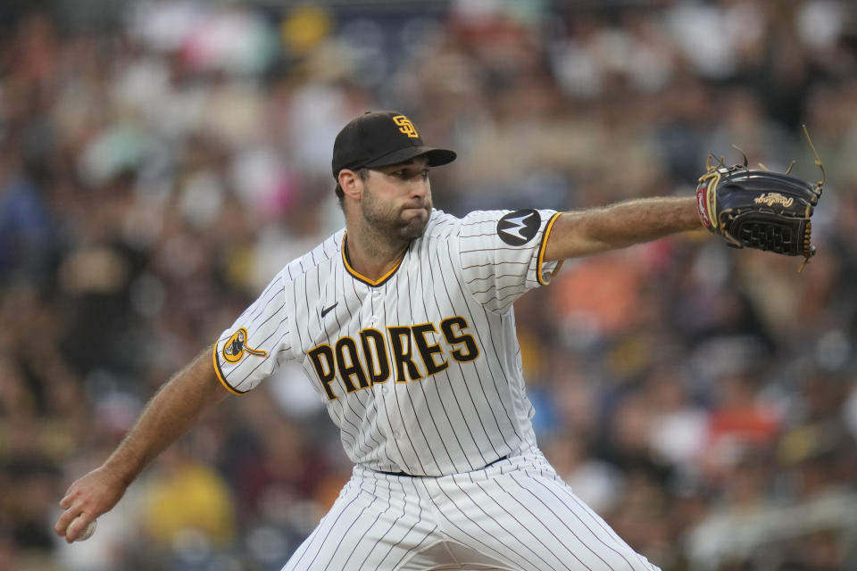 San Diego Padres starting pitcher Michael Wacha works against a Baltimore Orioles batter during the second inning of a baseball game Tuesday, Aug. 15, 2023, in San Diego. (AP Photo/Gregory Bull)
