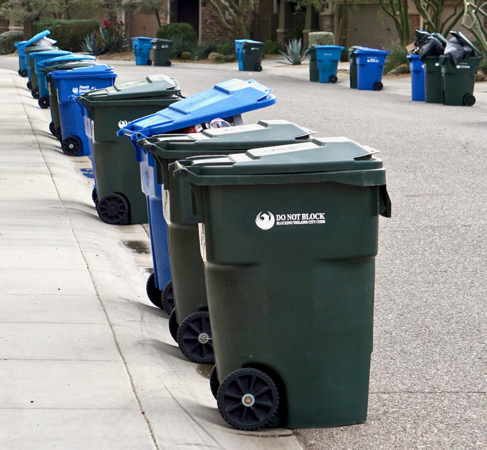 Row of green and blue trash and recycling bins lined up on a suburban street awaiting collection. Some bin lids are open