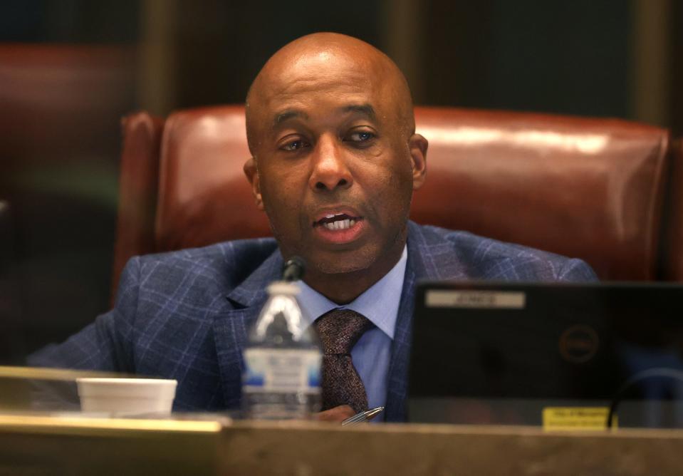 Councilman Martavius Jones speaks to fellow staffers as they meet at City Hall downtown on Tuesday, May 18, 2021.