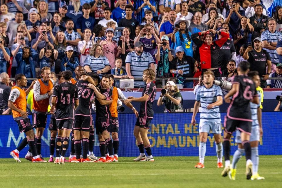 Inter Miami celebrates after forward Luis Suárez (9) scores a goal in the second half during an MLS game against Sporting Kansas City at GEHA Field at Arrowhead Stadium on Saturday, April 13, 2024, in Kansas City.