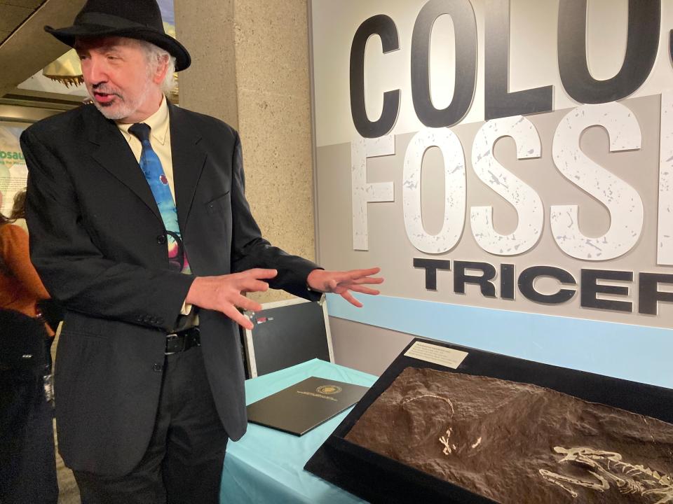 The cast of the bones discovered by Mount Holyoke professor Mignon Talbot in 1910 was on display at the Museum of Science Wednesday, much to the delight of professor Mark McMenamin, a modern-day professor of paleontology at the same college.