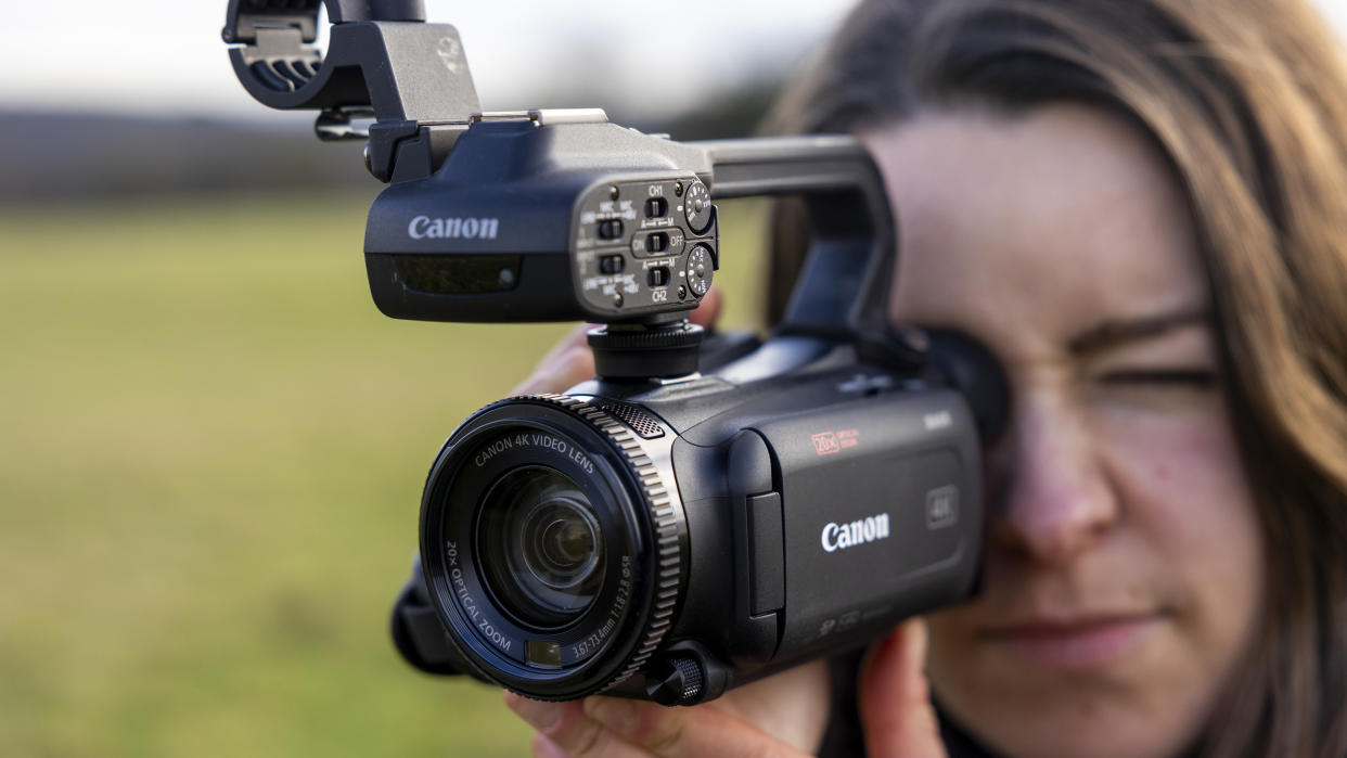  A side-on view of the Canon XA65 camcorder. 