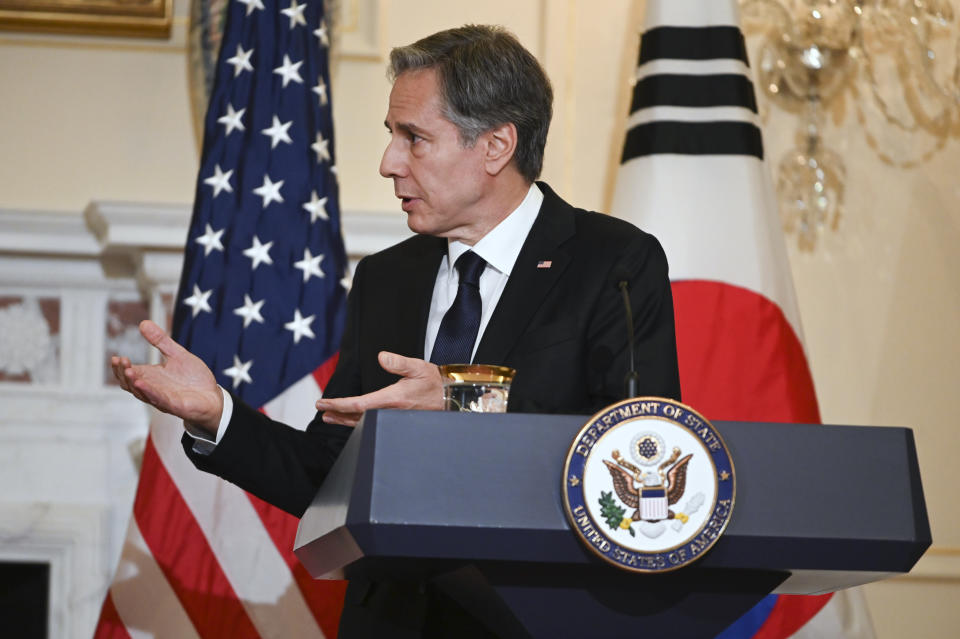 Secretary of State, Antony Blinken speaks during a news conference after meeting with South Korean Foreign Minister Park Jin at the US State Department in Washington, Monday, June 13, 2022. (Roberto Schmidt/Pool via AP)