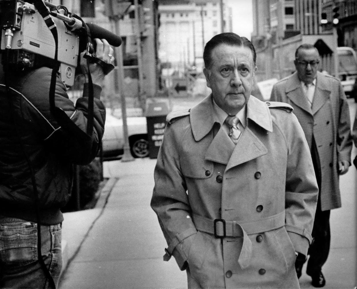 Frank P. Balistrieri arrives at the Federal Building in Milwaukee on April 9, 1984, to hear the verdict in his extortion trial.