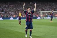 Barcelona's Argentinian forward Lionel Messi celebrates his goal during the Spanish Copa del Rey (King's Cup) final football match Athletic Club Bilbao vs FC Barcelona at the Camp Nou stadium in Barcelona on May 30, 2015