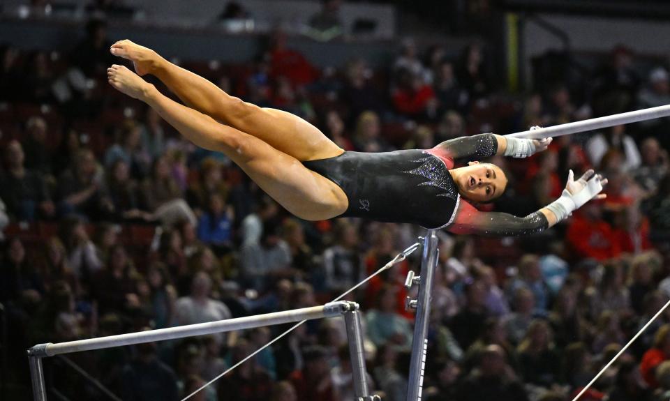 Southern Utah’s Isabella Neff, performs on the bars as BYU, Utah, SUU and Utah State meet in the Rio Tinto Best of Utah Gymnastics competition at the Maverick Center in West Valley City on Monday, Jan. 15, 2024. | Scott G Winterton, Deseret News