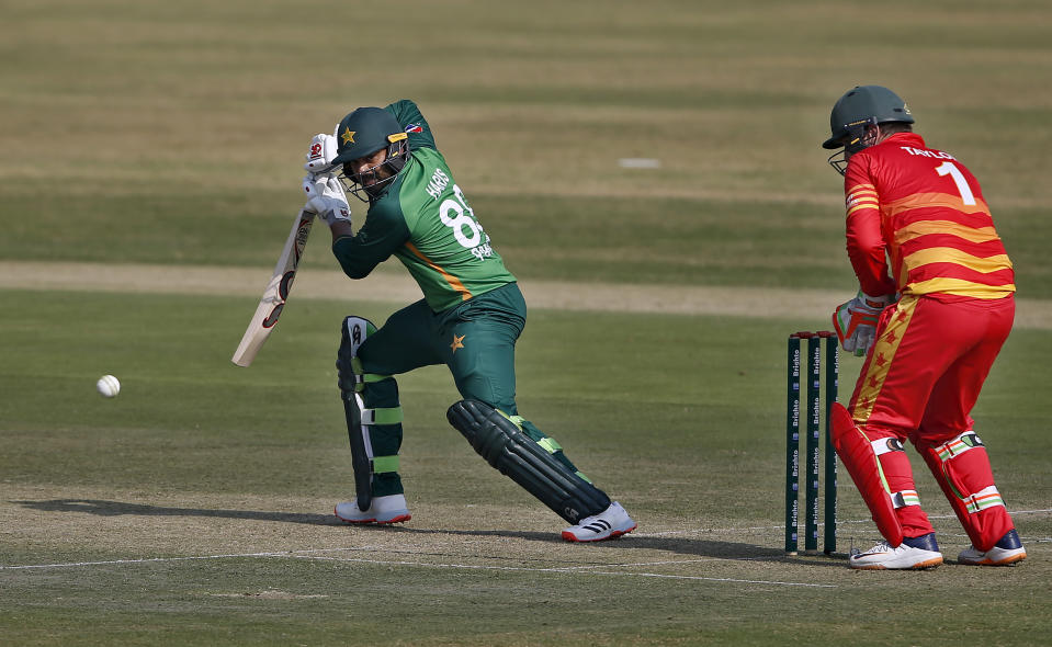 Pakistani batsman Haris Sohail follows the ball after playing a shot during the 1st one-day international cricket match against Zimbabwe at the Pindi Cricket Stadium, in Rawalpindi, Pakistan, Friday, Oct. 30, 2020. (AP Photo/Anjum Naveed)