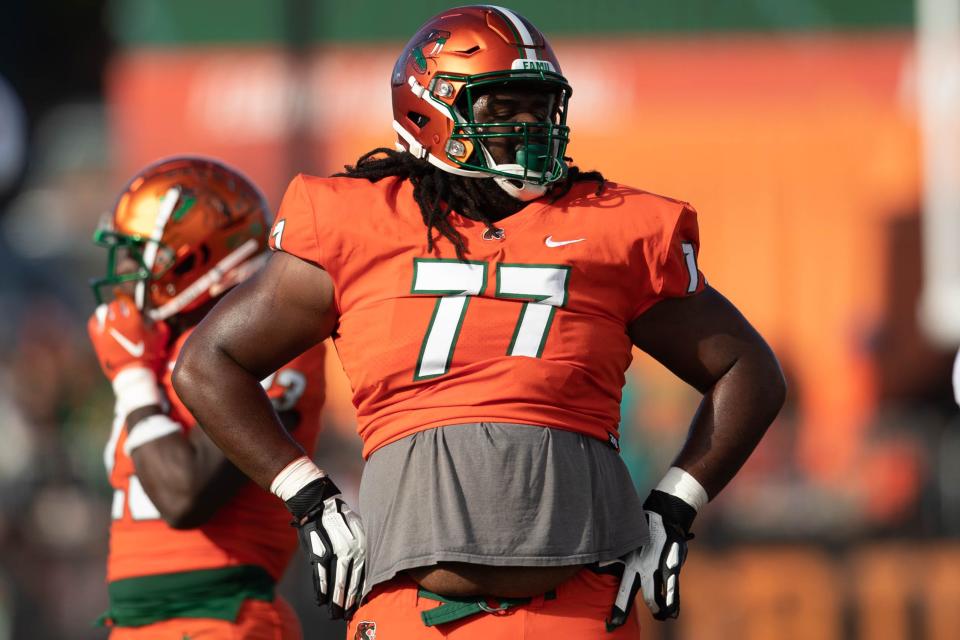 Florida A&M Rattlers offensive lineman Keenan Forbes (77) waits for the next play to start during a game between FAMU and Grambling State University at Bragg Memorial Stadium on FAMU's homecoming Saturday, Oct. 30, 2021.