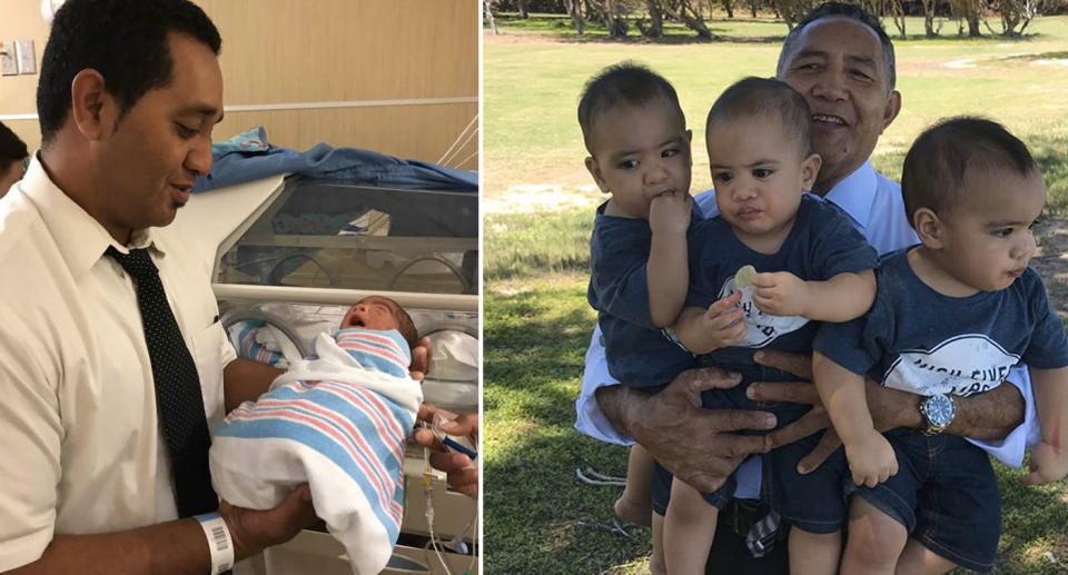 LEFT: Martin Magaoa holds one of his newborn babies. RIGHT: The triplets are cuddled by their papa from Niue. Source: Supplied/Martin Magaoa