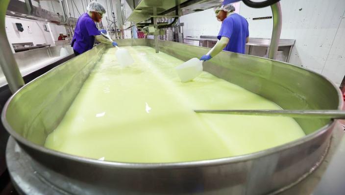 Nathan Stevenson and Dustin Stoddard work with curd at Beehive Cheese, a second generation family-owned business, in Uintah, Weber County, on Tuesday, May 2, 2023.