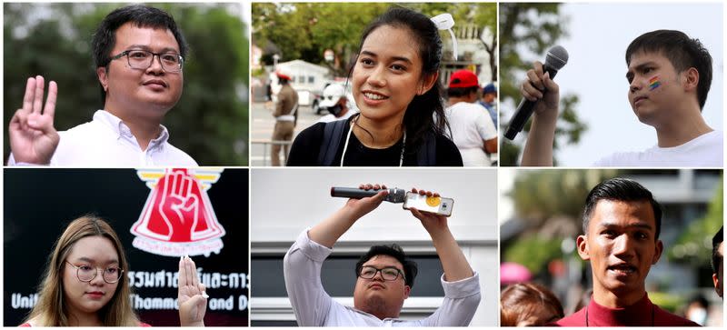 This combination of file pictures shows some of the protest leaders charged with insulting the monarchy in Thailand