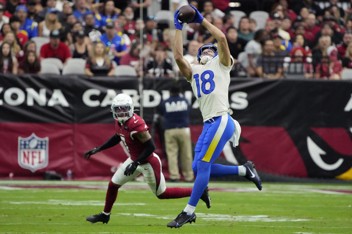 Wide Receiver (18) Ben Skowronek of the Los Angeles Rams warms up before  playing against the Arizona Cardinals in an NFL football game, Monday, Dec.  13, 2021, in Glendale, AZ. The Rams